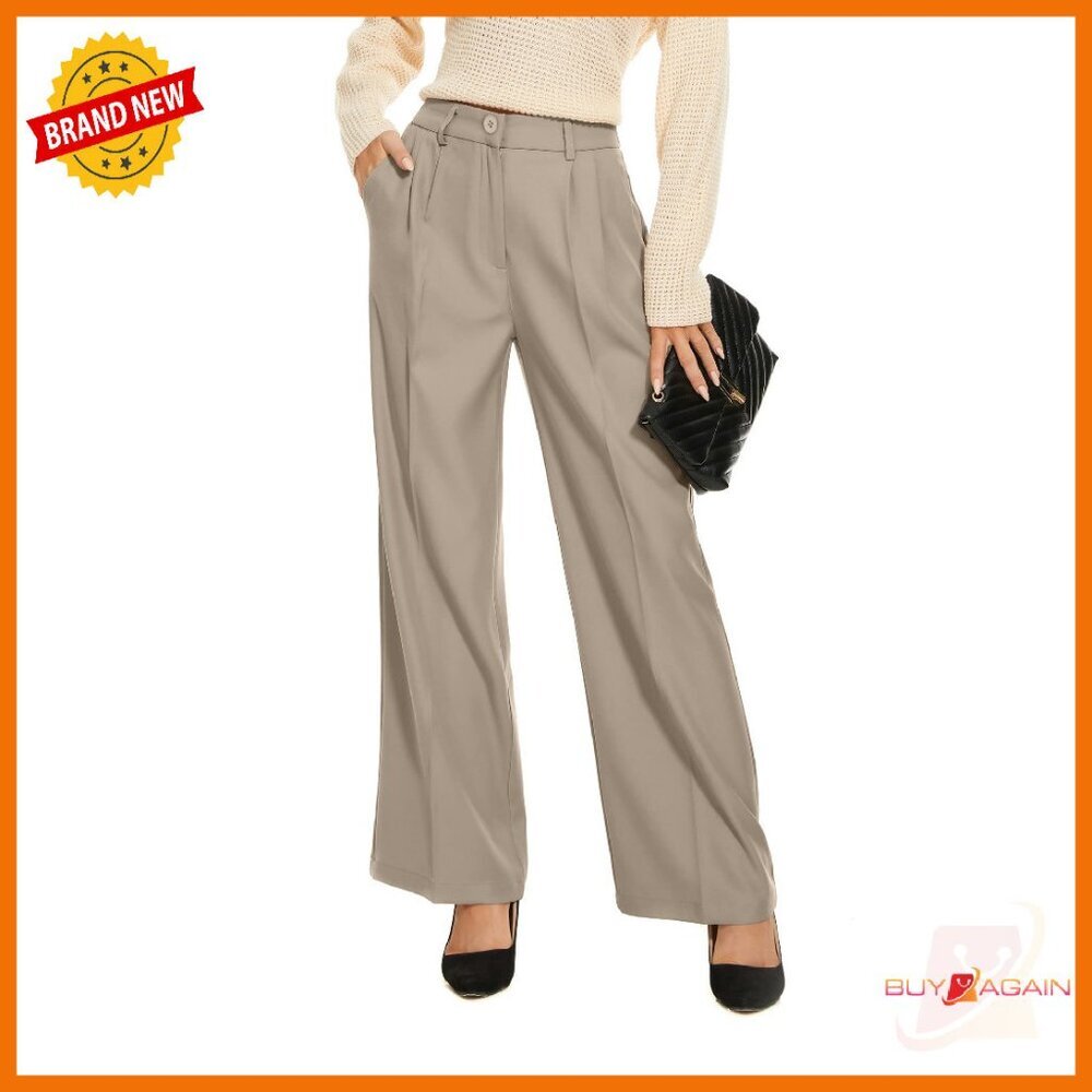 Wide Leg Work Pants Elastic Waist Polyester Spandex Straight Leg Trousers